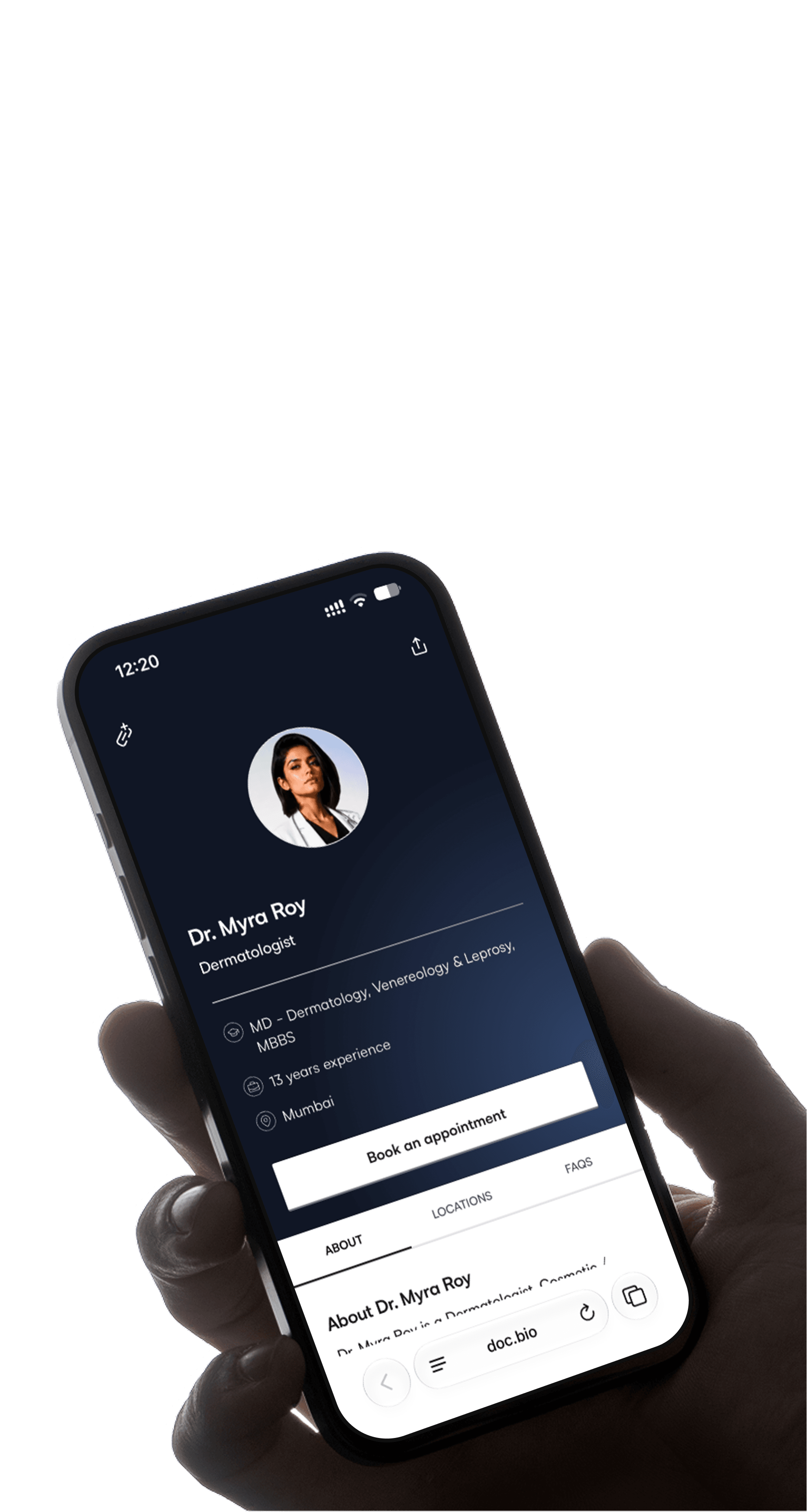 A hand holding a phone displaying a doctor's docbio profile.