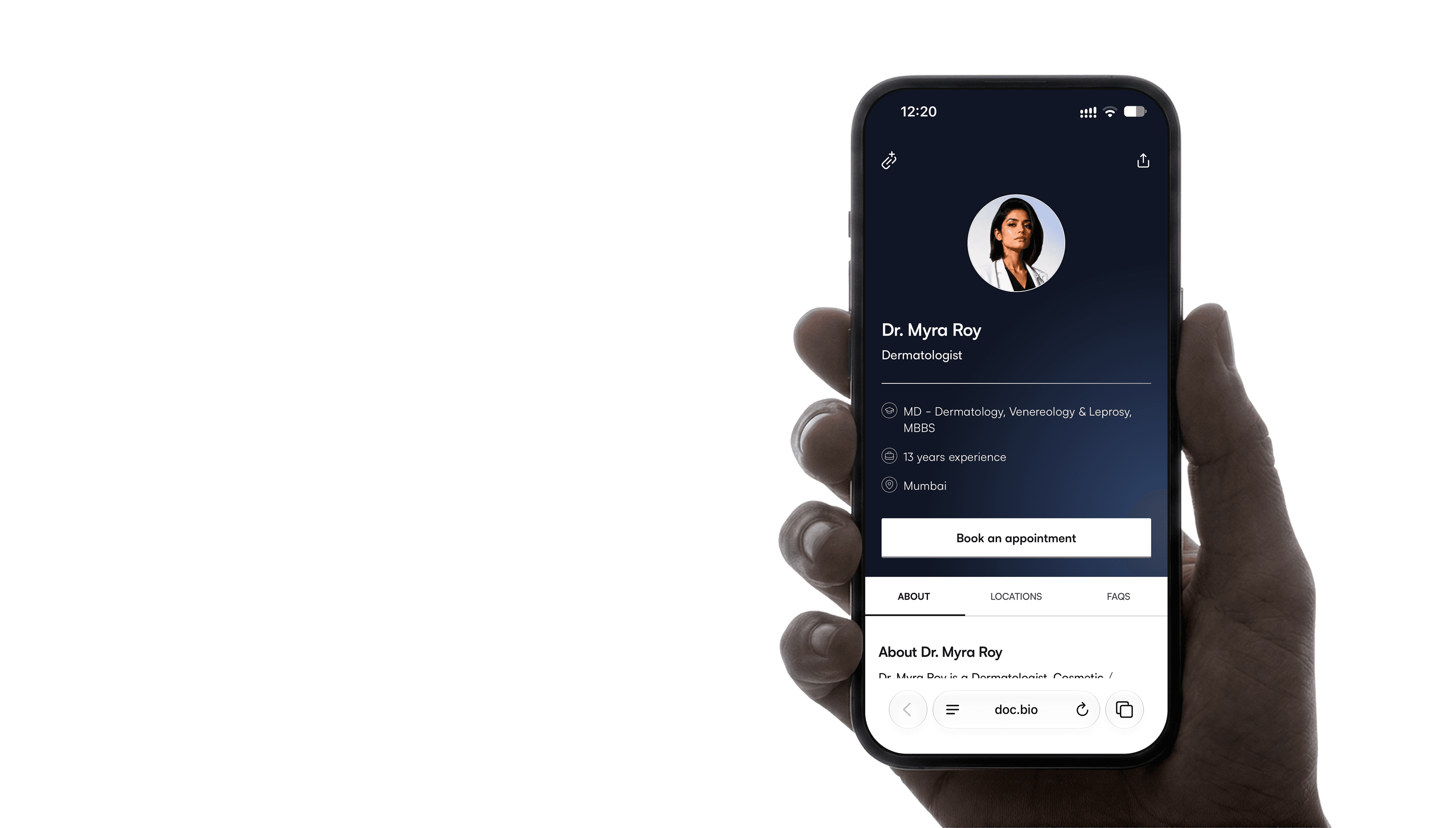 A hand holding a phone showing a doctor's docbio profile.